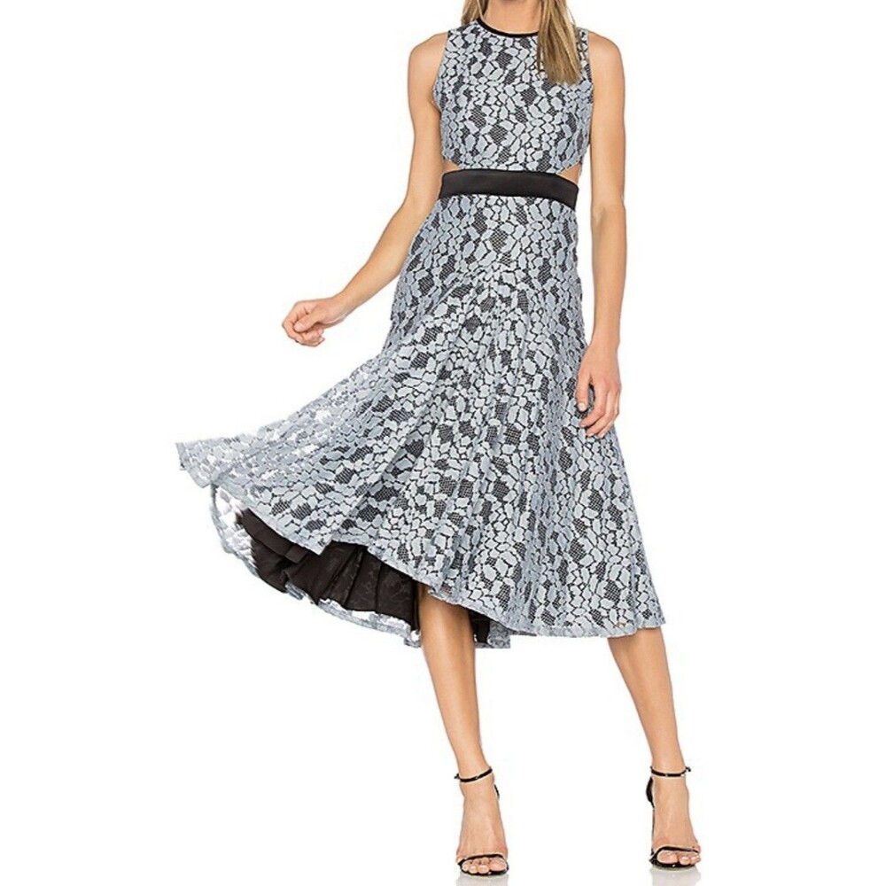 Alexis Maile Midnight Blue Black Lace Cutout Dress Midi Size M
